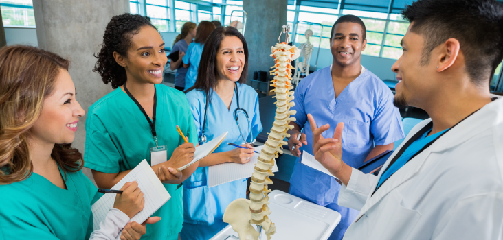 Medical students around a spine model taking notes.