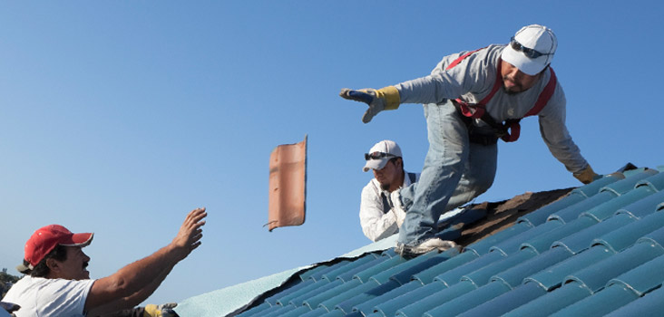 Man tossing a roof tile to another worker to fix it.